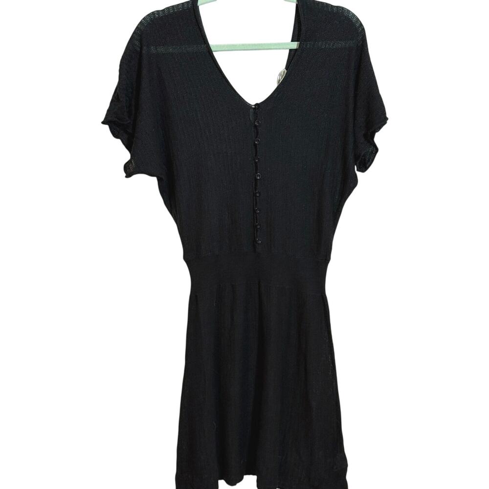 ICHI Pointelle Lightweight Black Sweater Dress Sz Large Dolman Sleeve Stretchy